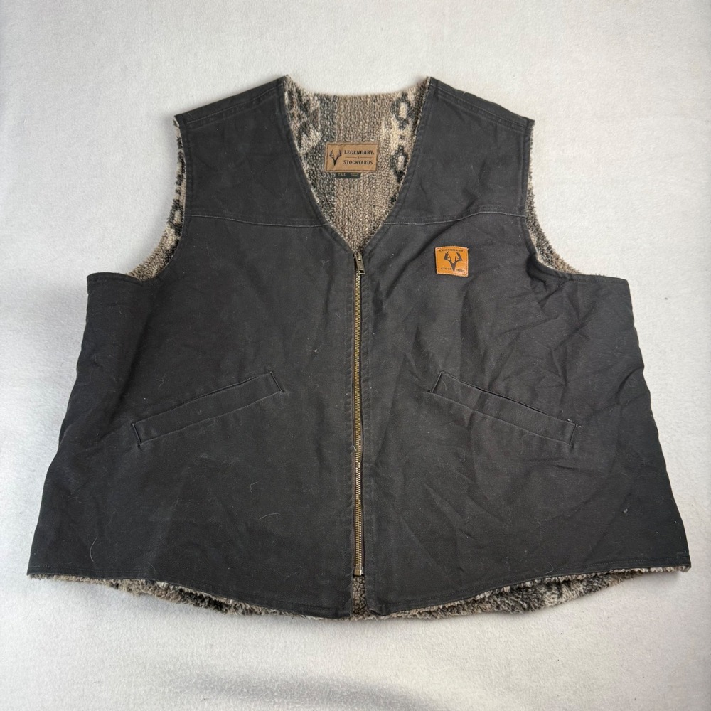 Legendary Stockyards Mens 2XL Black Canvas Sherpa Lined Southwestern Vest